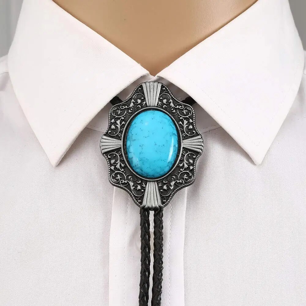 Blue-turquoise-bolo-tie-for-man-handmakde-Indian-cowboy-western-cowgirl-zinc-alloy-necktie