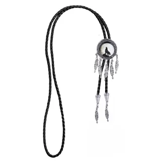 Howling Wolf Bolo Tie with Feathers